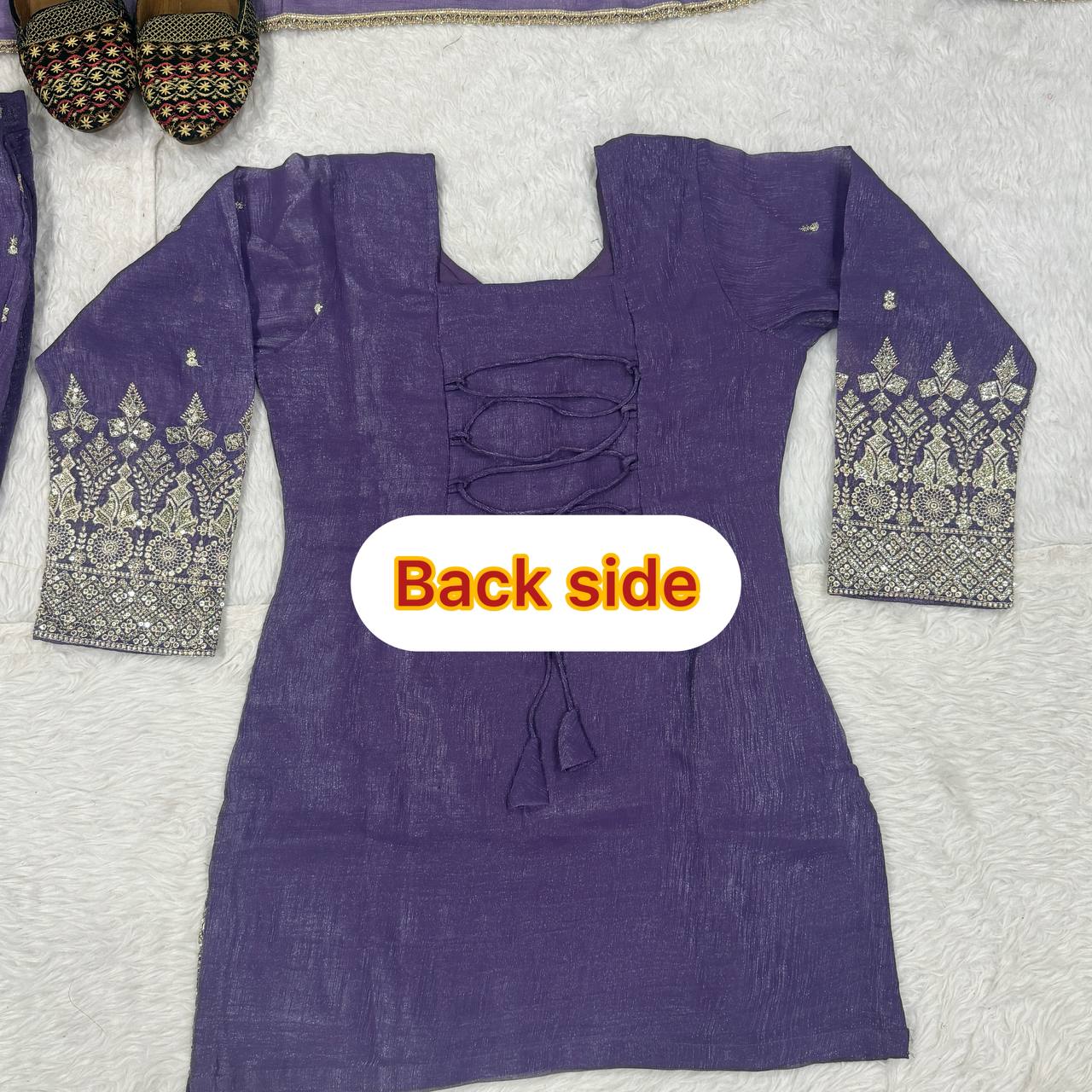 Elegant Lavender Embellished Kurta and Flared Sharara Set Featuring Intricate Silver Zari Embroidery and a Sheer Matching Dupatta
